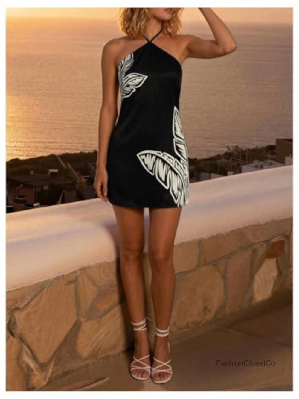 Boho Tropical Halter Mini Dress Tie Backless Summer Beach Vacation - Picture 2 of 5